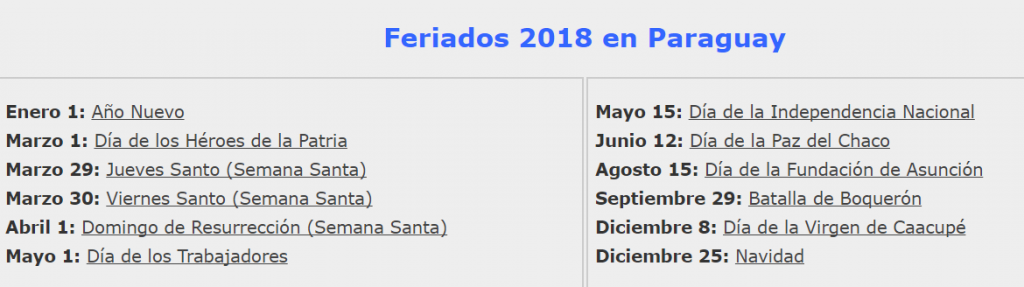Feriados no Paraguai 2018